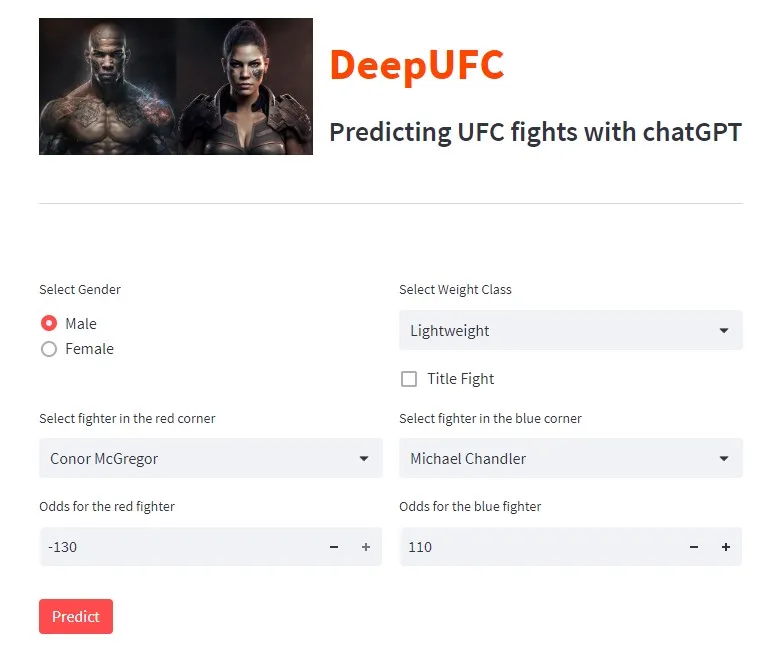 Screenshot of the DeepUFC app